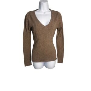 Neiman Marcus Cashmere V-Neck Sweater Tan Camel Long Sleeve Small Fine Knit